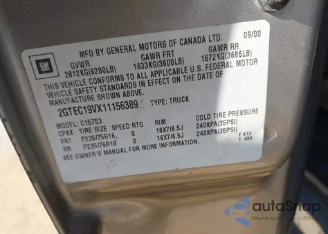 2001 GMC Sierra 1500 Sle z USA, uszkodzony, nr VIN 2GTEC19VX11156389